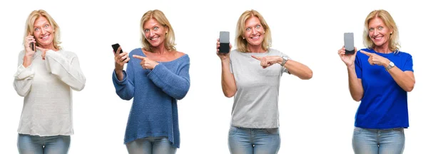 금발의 손가락으로 가리키는 절연된 Backgroud 스마트폰 사용의 콜라주 — 스톡 사진