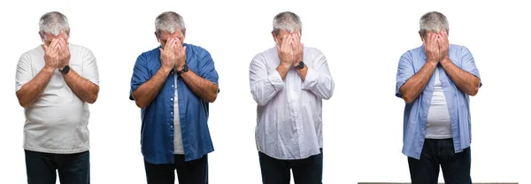 Collage Senior Hoary Man White Backgroud Isolato Con Espressione Triste — Foto Stock