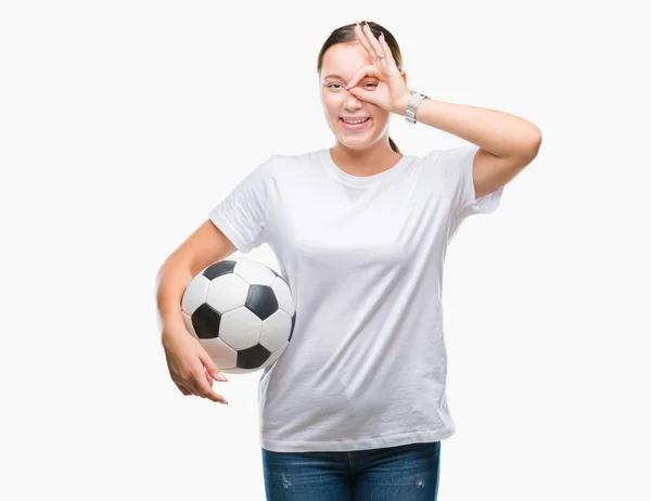 Junge Schöne Kaukasische Frau Hält Fußballball Über Isoliertem Hintergrund Mit — Stockfoto