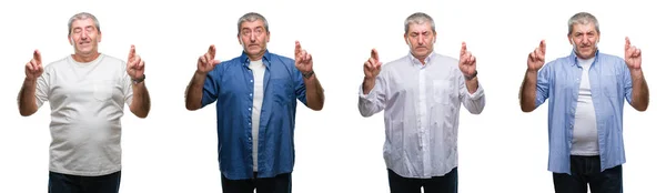 Collage Hombre Alzado Senior Sobre Fondo Aislado Blanco Sonriendo Cruzando —  Fotos de Stock