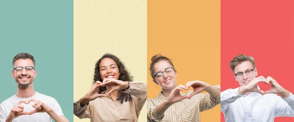 Collage Grupo Personas Aisladas Sobre Fondo Colorido Sonriendo Amor Mostrando —  Fotos de Stock