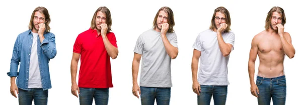 Collage Stilig Ung Man Bär Casual Look Över Vita Isolerade — Stockfoto