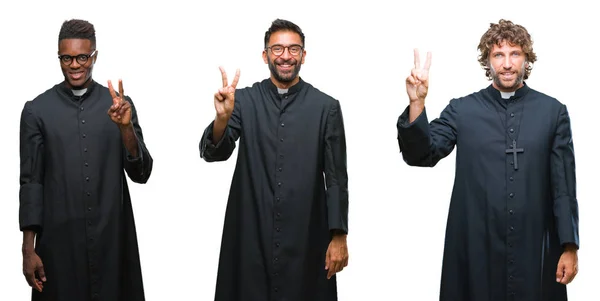 Коллаж Христианских Священников Изолированном Фоне Показывая Показывая Пальцами Номер Два — стоковое фото