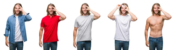 Collage Joven Guapo Con Mirada Casual Sobre Fondo Aislado Blanco —  Fotos de Stock