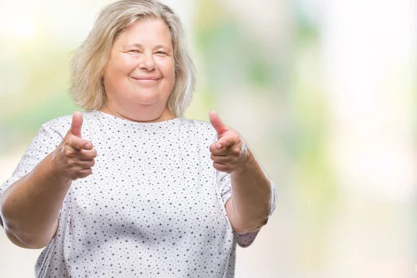 Senior Size Caucasian Woman Isolated Background Pointing Fingers Camera Happy — Stock Photo, Image