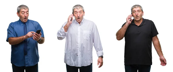 Collage Senior Hoary Man Using Smartphone White Isolated Backgroud Scared — Stock Photo, Image