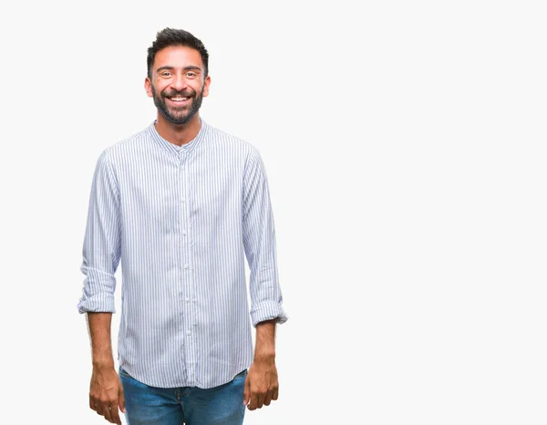 Volwassen Spaanse Man Geïsoleerde Achtergrond Met Een Gelukkig Cool Glimlach — Stockfoto