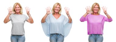 Kolaj güzel orta yaş sarışın kadın gösterilen ve parmakları ile işaret beyaz izole kağıt üzerinde bir numara 9 kendinden emin ve mutlu gülümseyerek süre.