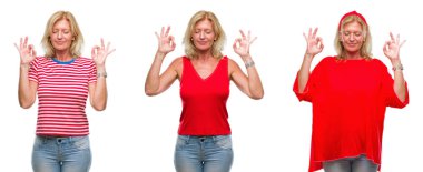 Kolaj izole backgroud relax beyaz ve gözleri ile gülümseyen güzel orta yaş sarışın kadın bir parmak ile meditasyon jest yapıyor kapalı. Yoga kavramı.