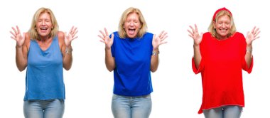 Kolaj üzerinde beyaz izole backgroud kutluyor güzel orta yaş sarışın kadın deli ve silah ile başarı için deli kaldırdı ve heyecanlı çığlık gözler kapalı. Kazanan kavramı