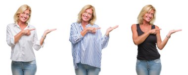 Beyaz izole backgroud hayrete ve el ile sunulması ve parmak ile işaret ederken kameraya gülümseyen güzel orta yaş sarışın kadın kolaj.