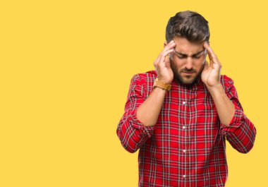 Çünkü genç yakışıklı adam arka plan baş baş ağrısı için el ile izole stres. Migren muzdarip.
