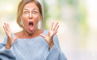 Üzerinde kış kazak giyen orta yaş üst düzey İspanyol kadın deli kutluyor arka plan izole ve başarı için kaldırdı kollarını açarak hayrete ve heyecanlı çığlık gözleri açık. Kazanan kavramı