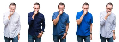 Kolaj bir duygu hasta ve soğuk veya bronşit için semptom olarak öksürük izole arka plan üzerinde duran yakışıklı üst düzey ağarmış zarif iş adamı. Sağlık kavramı.