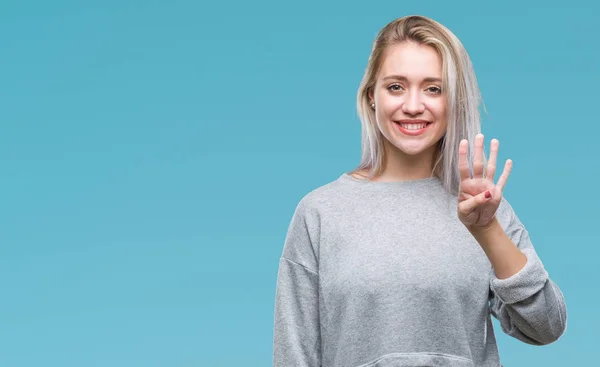 Mladá Blond Žena Izolované Pozadí Zobrazení Ukázal Prsty Číslo Čtyři — Stock fotografie