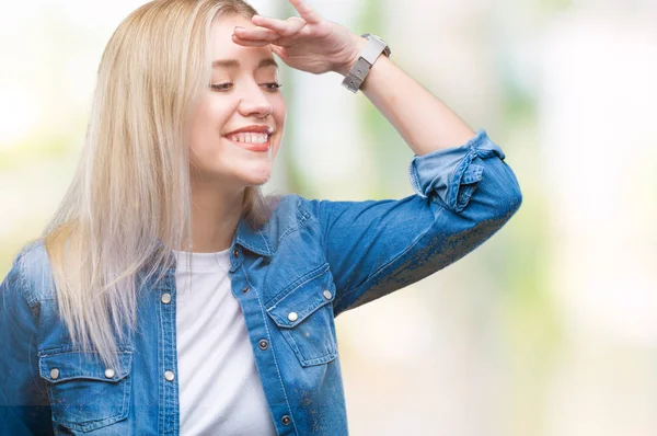 Jonge Blonde Vrouw Geïsoleerde Achtergrond Erg Blij Lachende Zoek Ver — Stockfoto