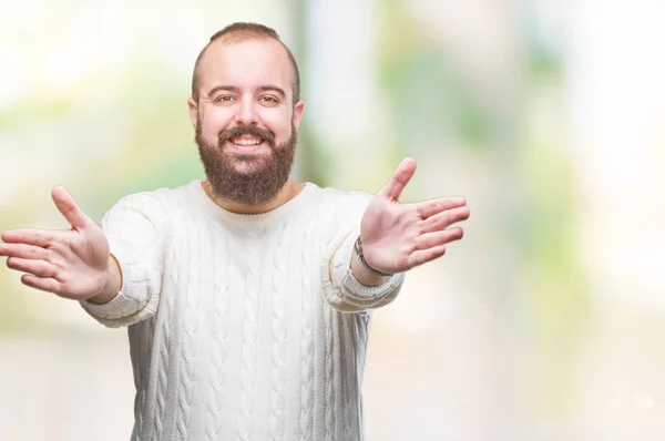 Jonge Kaukasische Hipster Man Winter Trui Dragen Geïsoleerde Achtergrond Kijken — Stockfoto