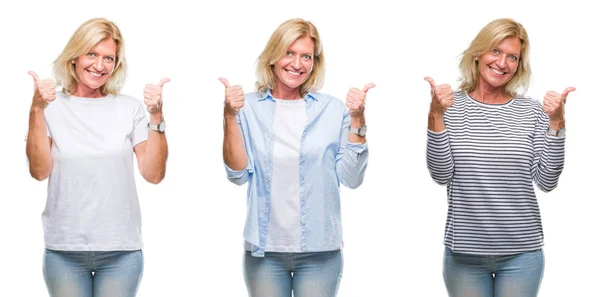拼贴画美丽的中年金发女子超过白色查出的背景成功标志做积极的手势与手 竖起大拇指微笑和快乐 用欢快的表情看着相机 胜利者的手势 — 图库照片