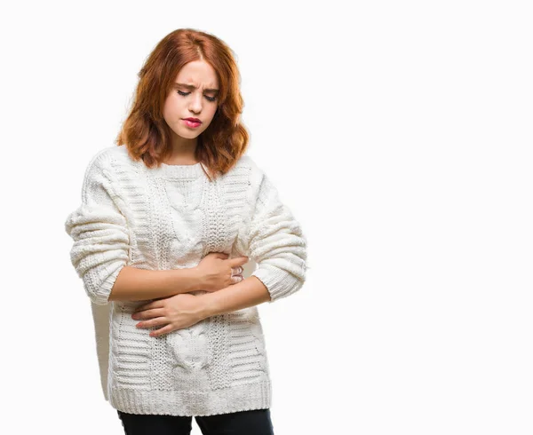 Young Beautiful Woman Isolated Background Wearing Winter Sweater Hand Stomach — Stock Photo, Image