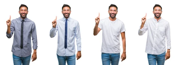 Коллаж Молодого Человека Носить Случайный Взгляд Белой Изолированной Backgroud Показывая — стоковое фото