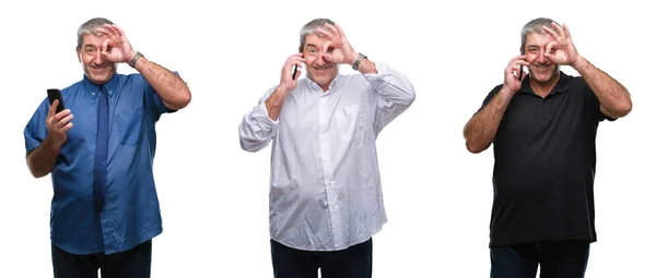 Collage Senior Hoary Man Använda Smartphone Över Vita Isolerade Backgroud — Stockfoto