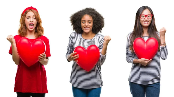 Collage Young Women Holding Red Heart Isolated Background Screaming Proud — Stock Photo, Image