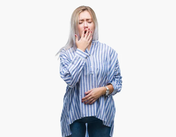 Young Blonde Woman Isolated Background Bored Yawning Tired Covering Mouth — Stock Photo, Image