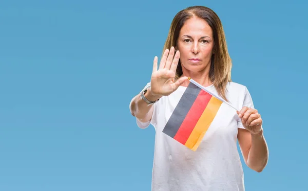 Femme Hispanique Moyen Âge Tenant Drapeau Allemagne Sur Fond Isolé — Photo