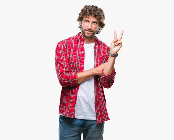 Hombre Modelo Hispano Guapo Sobre Fondo Aislado Sonriendo Con Cara — Foto de Stock