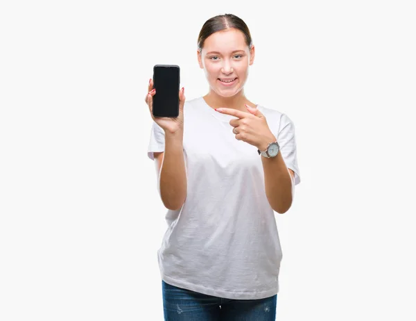 Jonge Mooie Kaukasische Vrouw Weergegeven Smartphone Scherm Geïsoleerde Achtergrond Erg — Stockfoto