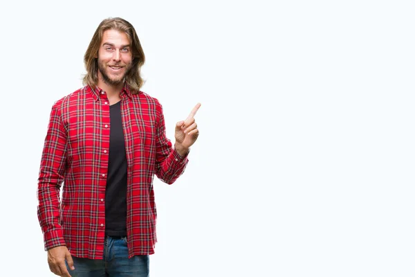 Homem Bonito Jovem Com Cabelos Longos Sobre Fundo Isolado Com — Fotografia de Stock