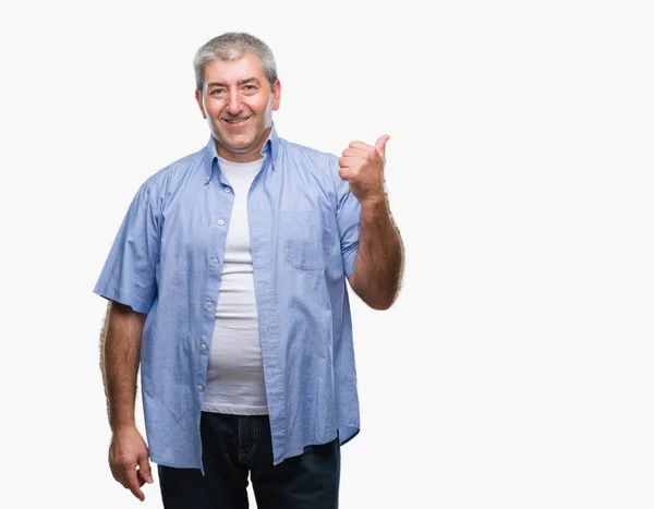 Handsome Senior Man Isolated Background Smiling Happy Face Looking Pointing — Stock Photo, Image