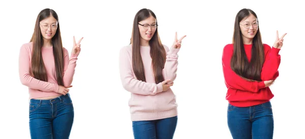 年轻美丽的中国妇女的拼贴画在孤立的背景微笑与快乐的脸眨眼在相机做胜利标志 第二个 — 图库照片