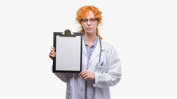スマートの顔は深刻な思考に自信を持って式にクリップボードを保持している赤毛の若い医師女性 — ストック写真