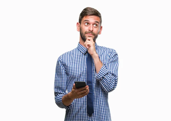 Fiatal Hadsome Ember Sms Üzenetet Használ Smartphone Felső Elszigetelt Háttér — Stock Fotó
