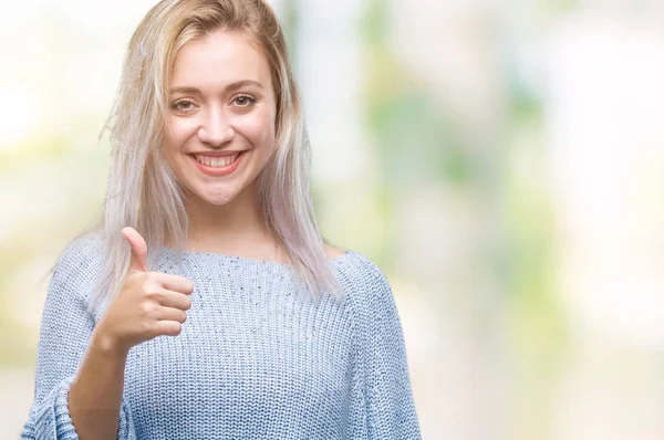 Jovem Mulher Loira Vestindo Camisola Inverno Sobre Fundo Isolado Fazendo — Fotografia de Stock