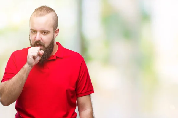 Jeune Homme Hipster Caucasien Portant Une Chemise Rouge Sur Fond — Photo