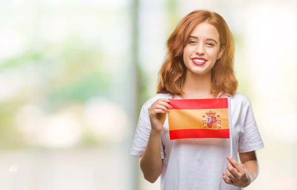 Молодая Красивая Женщина Флагом Испании Изолированном Фоне Счастливым Лицом Стоя — стоковое фото