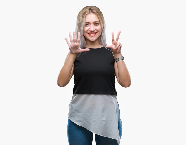 Młoda Blond Kobieta Białym Tle Wyświetlono Skierowaną Górę Palcami Liczba — Zdjęcie stockowe