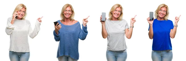 Collage Hermosa Mujer Rubia Mediana Edad Utilizando Teléfono Inteligente Sobre —  Fotos de Stock