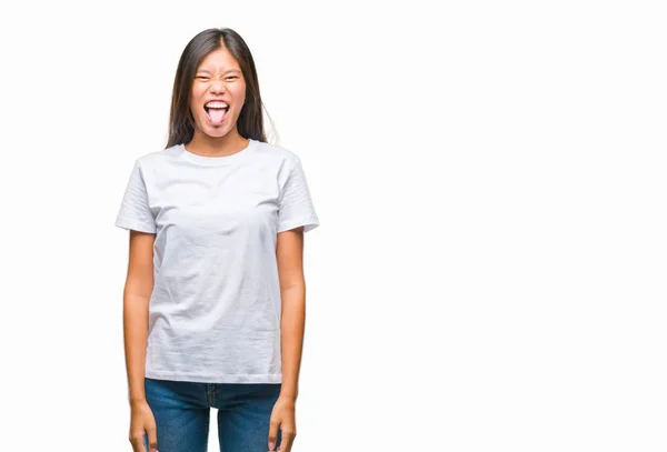 Joven Asiática Mujer Sobre Aislado Fondo Palpitante Lengua Fuera Feliz —  Fotos de Stock