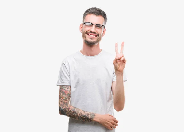 Young Tattooed Adult Man Smiling Happy Face Winking Camera Doing — Stock Photo, Image