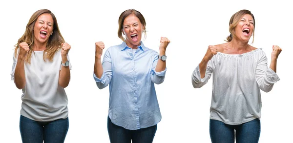 Collage Mujer Hispana Mediana Edad Sobre Fondo Aislado Muy Feliz — Foto de Stock