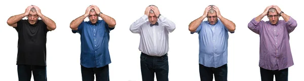 Collage Senior Hoary Man White Isolated Backgroud Suffering Headache Desperate — Stock Photo, Image