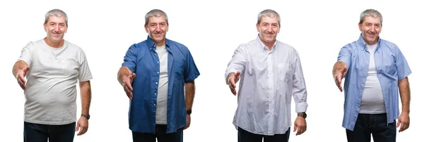 Collage Senior Hoary Man White Isolated Backgroud Smiling Friendly Offering — Stock Photo, Image