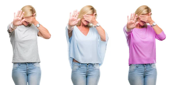 Collage Hermosa Mujer Rubia Mediana Edad Sobre Fondo Aislado Blanco —  Fotos de Stock