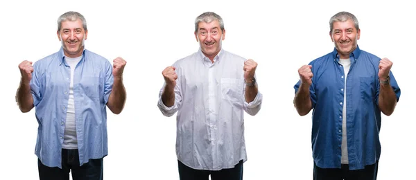 Collage Van Senior Hoary Man Het Vieren Van Witte Geïsoleerde — Stockfoto