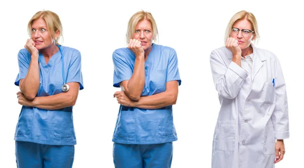 Collage Vackra Medelålders Blond Läkare Kvinna Vit Isolerade Backgroud Ute — Stockfoto