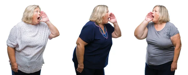 叫ぶと 口の中に手の側に大声で叫んで分離の背景にシニアの太った女性のコラージュ 通信の概念 — ストック写真