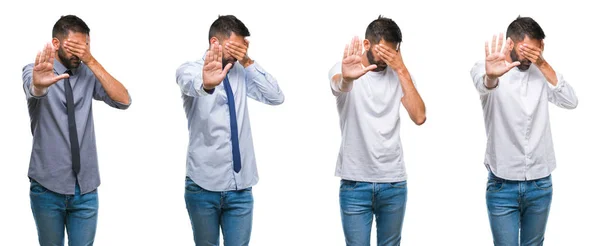 Koláž Mladý Muž Nosí Ležérní Smutný Oči Krycí Bílé Izolované — Stock fotografie